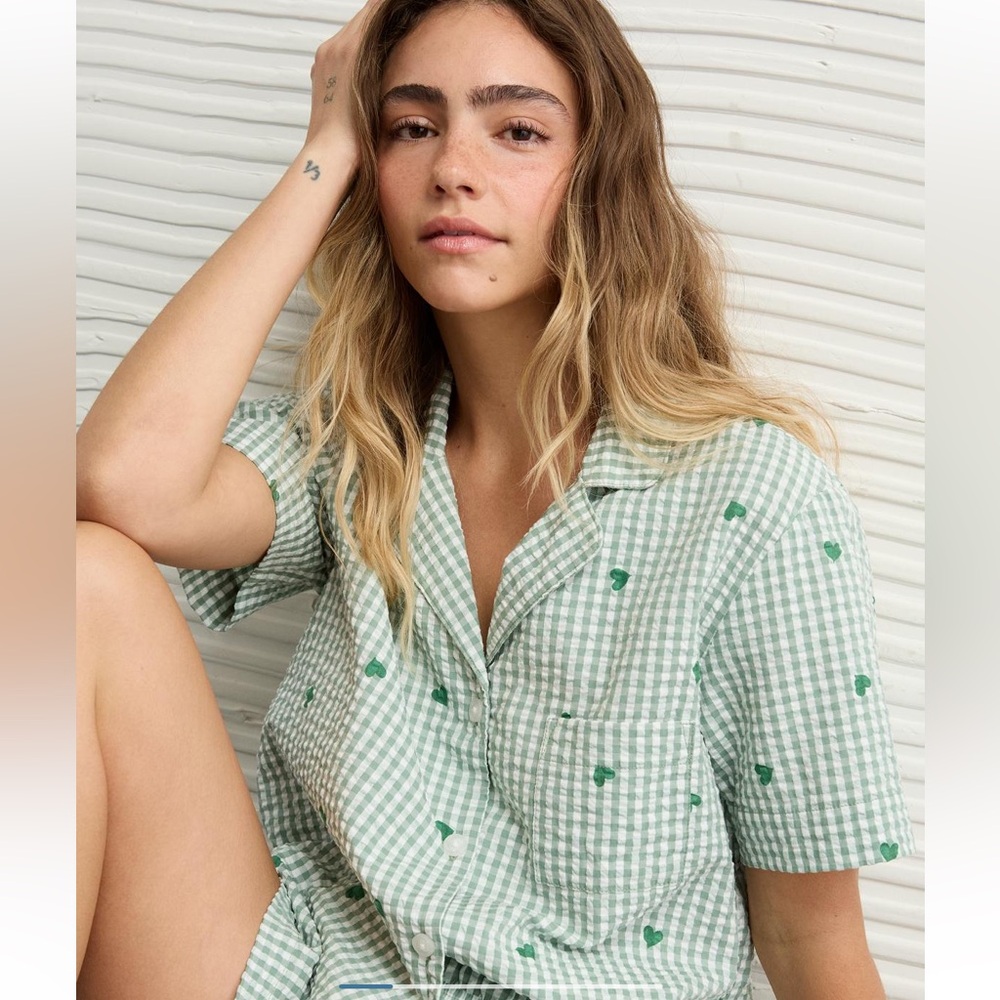 NWT Aerie Green Gingham PJ set